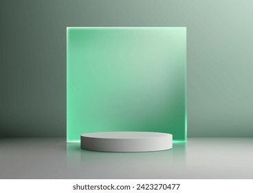 3D white podium mockup. Featuring a green glass backdrop and a clean, minimal design, this scene is perfect for showcasing jewelry, cosmetics, perfumes. Vector illustration