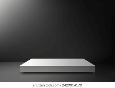 3D weißes Podium Mockup, um Ihre Produkte in einem modernen, minimalen schwarzen Hintergrund zu präsentieren. Perfekt für Produktfotografie, Branding und Marketing. Vektorgrafik