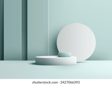 3D white podium mockup. A soft blue backdrop and geometric circle design, this mockup is perfect for showcasing of products. Vector illustration