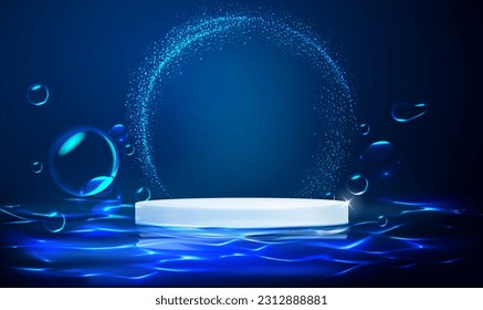 3d White podium on blue water ocean ripples background. Liquid ripple waves stand product display skin care. Cosmetic display stands,  Skincare and medicine advertisement mock up. Vector illustration.