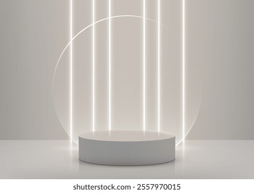 3D white podium on a reflective surface with glowing neon vertical lights and a large circular frame. Modern product displays, minimalist mockups, and stylish showrooms