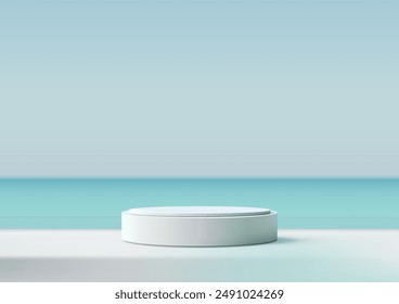 3D White Podium Overlooking Blue Ocean background, Minimal Style, Nature Concept for Product Display, Mockup, Showroom, Showcase