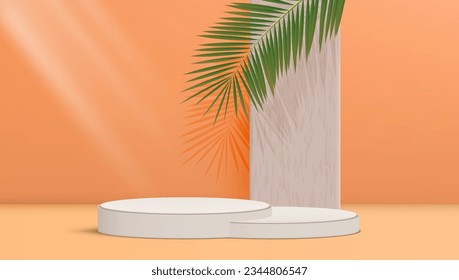Podio Blanco 3D Con Hojas De Palma Y Sombra. Vector EPS10