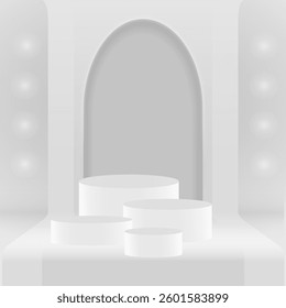 3d white podium. Pastel background. Vector geometric forms. Pedestal, studio display, showcase, mockup scene