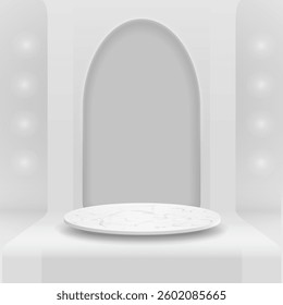 3d white podium. Pastel background. Vector geometric forms. Pedestal, studio display, showcase, mockup scene