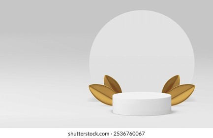 3d white podium pedestal luxury stand for product show realistic vector illustration. Light elegant cylinder stage with golden leaves and round wall background for shopping sale advertising