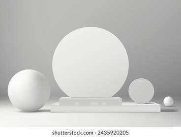 Plataforma de podio blanco 3D con elementos de círculos geométricos en una pantalla de producto en blanco y fondo. Modelo comercial. Ilustración de vector