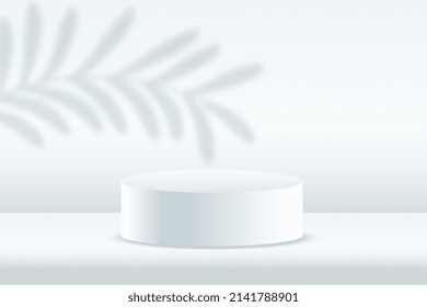 3d white podium platform product display mockup with leaves shadow