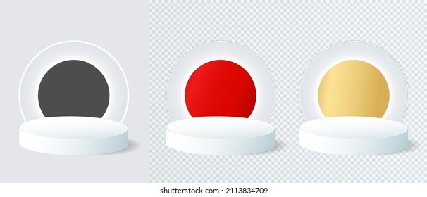 3d white podium, product scene, awards stage on white and transparent background. Pedestal mock up set with color light circle. Vector illustration