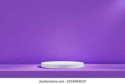 3d white podium in purple empty room with table. Background studio scene with platform for product presentation