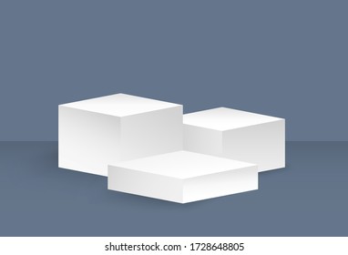 3D white podium Realistic pedestal and platform, Three-stepped stand stage, Cylinder template and square base stand with spotlights Vector illustration