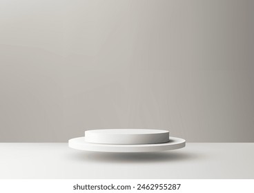 3D white podium rests on a white table and a beige minimalist scene background, Product mockup display. Vector illustration