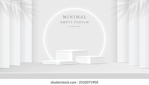 3D white podium set background with light and shadow. Abstract geometric composition in minimalist design. 3D studio display showroom product pedestal, Fashion stage showcase mockup scene.