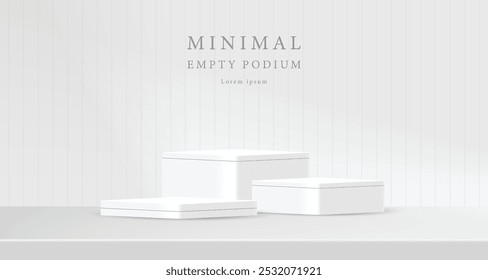 3D weißes Podium gesetzt Hintergrund mit Licht und Schatten. Abstrakte geometrische Komposition in minimalistischem Design. 3D-Studio-Display-Showroom-Produkt-Sockel, Mode-Bühne Showcase-Mockup-Szene.