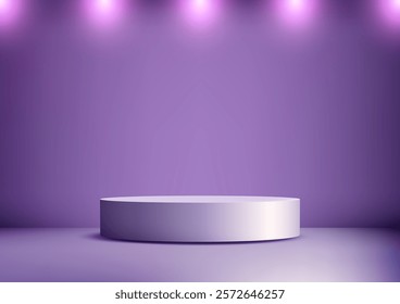 3D white podium set on a vibrant purple background with soft lighting. Minimalist product displays, mockups, showrooms, or artistic presentations, highlighting modern and elegant design.