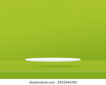 3d White Podium Showcase is floating on the floor colored green background design. Vector paper art illustration