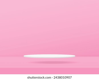 3d White Podium Showcase is floating on the floor colored pink background design. Vector paper art illustration
