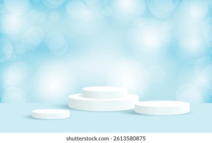 3D white podium stage with soft blue bokeh background, perfect for product display or presentation.
