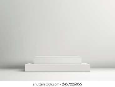 3D white podium stair with a light shines on it, against a white wall background, Minimal style, product display, mockup, showroom, showcase. Vector illustration