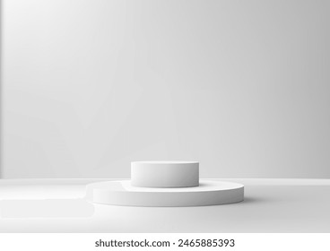 3D white podium stair with a light shines on it, against a white wall background, Minimal style, product display, mockup, showroom, showcase