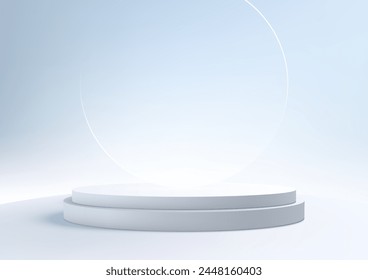 3D white podium stand with circle glass backdrop on blue sky background is perfect for modern interior concept product display mockups. Vector illustration