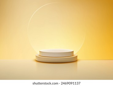 3D white podium stand with circle glass backdrop is perfect for modern interior concept product display mockups. The stand is set on a floor and soft yellow background