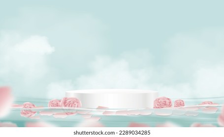 3d white podium step with pink rose floating on water with cloud on blue sky background,Vector banner Studio room display with cylinder stand floating with petal flower for cosmetic and spa product 