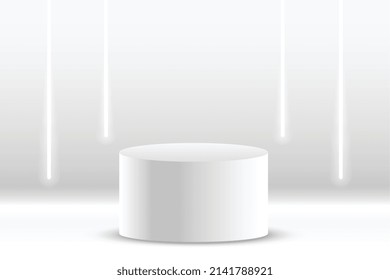 3d white podium studio background with neon lights