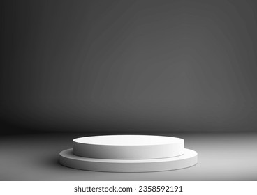 3D white podium in studio room is a perfect mockup for product display. The empty podium is on a gray wall background. Vector illustration