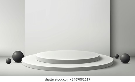 3D White Podium Surrounded by Black Balls with White Wall Background for Modern Product Display Mockup Showroom Showcase