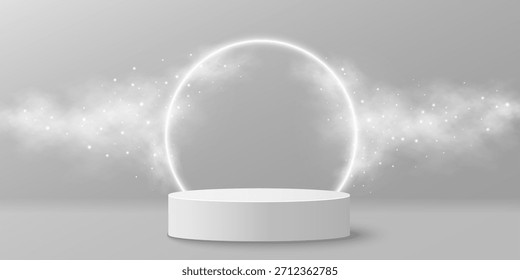 3D white podium surrounded by soft fog effect and flying lights with glowing neon ring frame. Abstract dreamy cylindrical stage for showcasing brand product. Vector illustration.