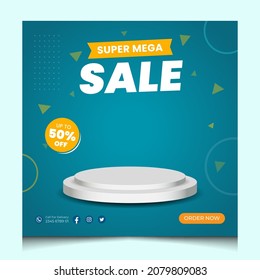 3D white Podium template on sky blue background for product display