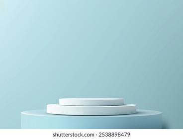 Podio blanco 3D con dos niveles sobre fondo azul claro, perfecto para mostrar productos, maquetas o presentaciones, diseño minimalista