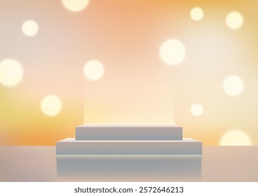 3D white podium with two tiers set against a dreamy yellow bokeh background. Product displays, mockups, and elegant showrooms with a warm and minimalist aesthetic.