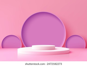 3D White Podium with Violet Circles on Soft Pink Background, Modern Concept for Product Display, Elegant Mockup, Showroom, Showcase, Ideal for Marketing and Branding