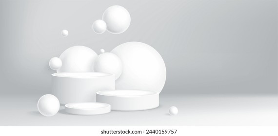 3d white product display podium platform in studio. Abstract minimal scene with wall and light in room. Empty showcase cylinder pedestal mockup. Perspective modern clean space showroom backdrop