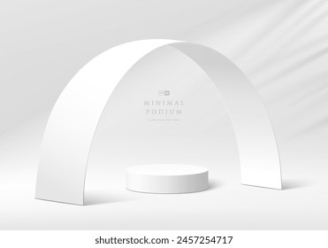 3D white product podium background with curve frame paper cut decorate. Abstract composition in minimal design. 3D studio showroom product pedestal, Fashion showcase mockup scene. Banner cosmetic.