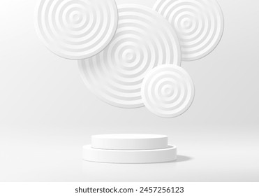 3D white product podium background with floating overlay radial circles. Abstract composition in minimal design. 3D studio showroom product pedestal, Fashion showcase mockup scene. 3D Banner cosmetic.