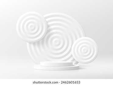 Fondo de podio de producto blanco 3D con círculos radiales superpuestos flotantes. Composición Abstractas en diseño minimalista. El pedestal del producto de la sala de exposición del estudio, escena de la maqueta del escaparate de moda. Diseño de escaparate de Vector