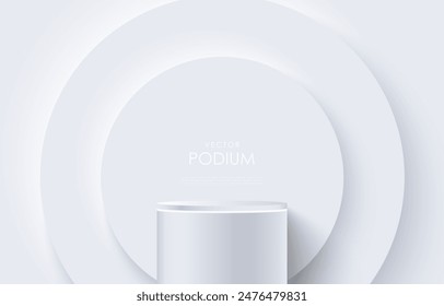 3D white product podium background. Abstract composition in minimal design. Studio showroom product pedestal, Fashion showcase mockup scene. Vector showcase design