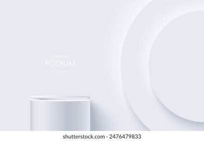 3D white product podium background. Abstract composition in minimal design. Studio showroom product pedestal, Fashion showcase mockup scene. Vector showcase design