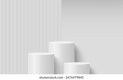 3D white product podium background. Abstract composition in minimal design. Studio showroom product pedestal, Fashion showcase mockup scene. Vector showcase design