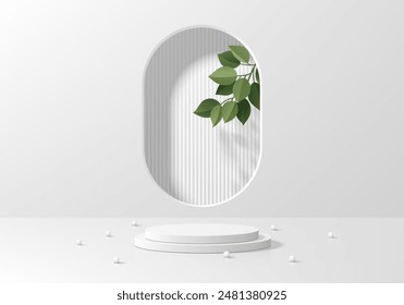 3D white product podium background with green leaf in round window. Abstract geometric composition in minimalist design. Studio display showroom product pedestal, Fashion stage showcase mockup scene.