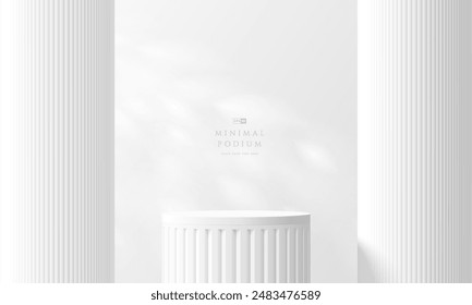 3D white product podium background with roman huge pillars backdrop. Abstract composition in minimalist design. Studio display showroom cosmetic product pedestal, Fashion stage showcase mockup scene.