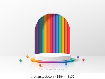 3D white product podium background with pride rainbow color in arch gate. Abstract composition minimalist design. Studio display showroom LGBTQ+ product pedestal, Fashion stage showcase mockup scene.