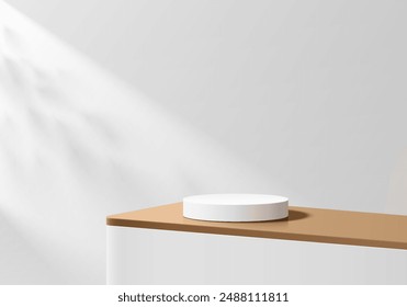 Fondo blanco 3D del podio del producto en la mesa redonda de madera con la luz natural. Composición Abstractas diseño minimalista. Escena de maquillaje de la maqueta del escaparate del escenario de la moda, pedestal del producto cosmético de la exhibición del estudio