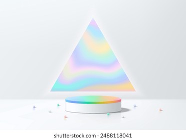 3D white product podium background with hologram triangle frame on wall. Abstract composition minimalist design. Studio display showroom cosmetic product pedestal, Fashion stage showcase mockup scene.