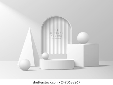 Fondo de podio de producto blanco 3D con ventana de arco y formas geométricas. Composición Abstractas diseño minimalista. Escena de maqueta de la exhibición del escenario de la moda, pedestal del producto cosmético de la sala de exposición del estudio.