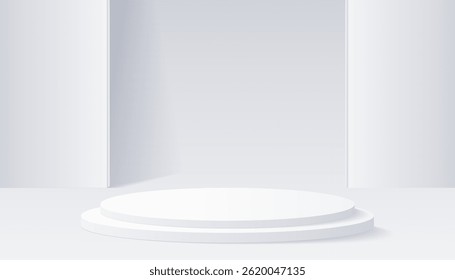 3D white product podium background. Abstract composition in minimal design. Studio showroom product pedestal