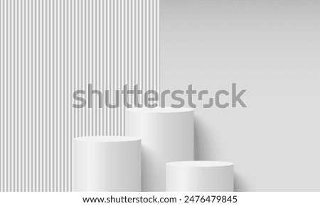 3D white product podium background. Abstract composition in minimal design. Studio showroom product pedestal, Fashion showcase mockup scene. Vector showcase design